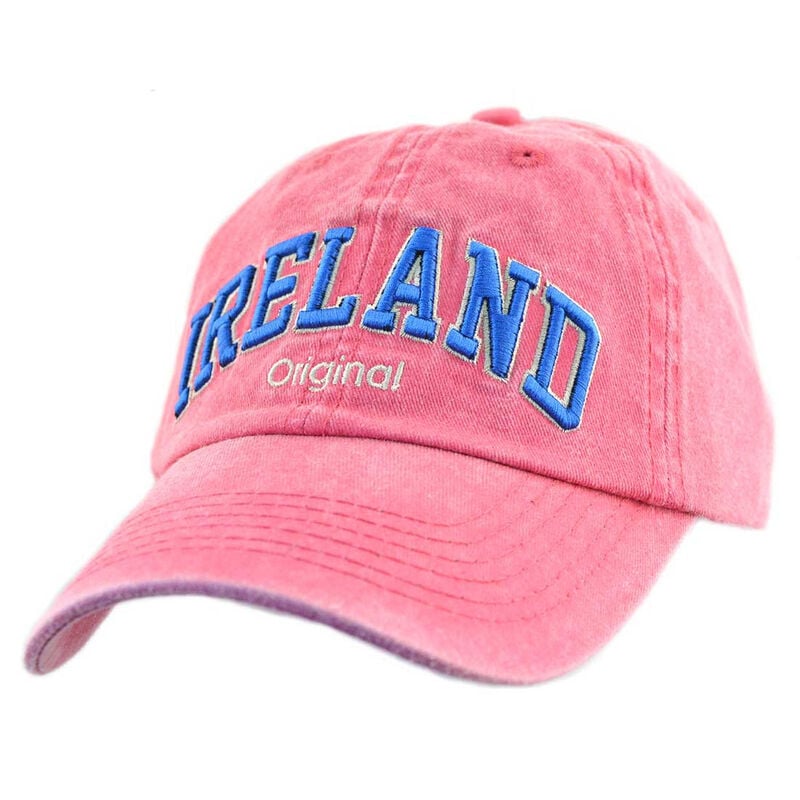 Pink Baseball Cap With Blue Ireland Original Text  Design With Adjustable Strap